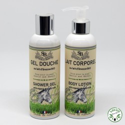 Shower gel and body milk duo with organic donkey milk.
