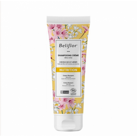 Shampooing crème bio spécial cheveux secs et abîmés.