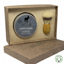 Gift box for 30% organic donkey milk shaving soap with shaving brush.